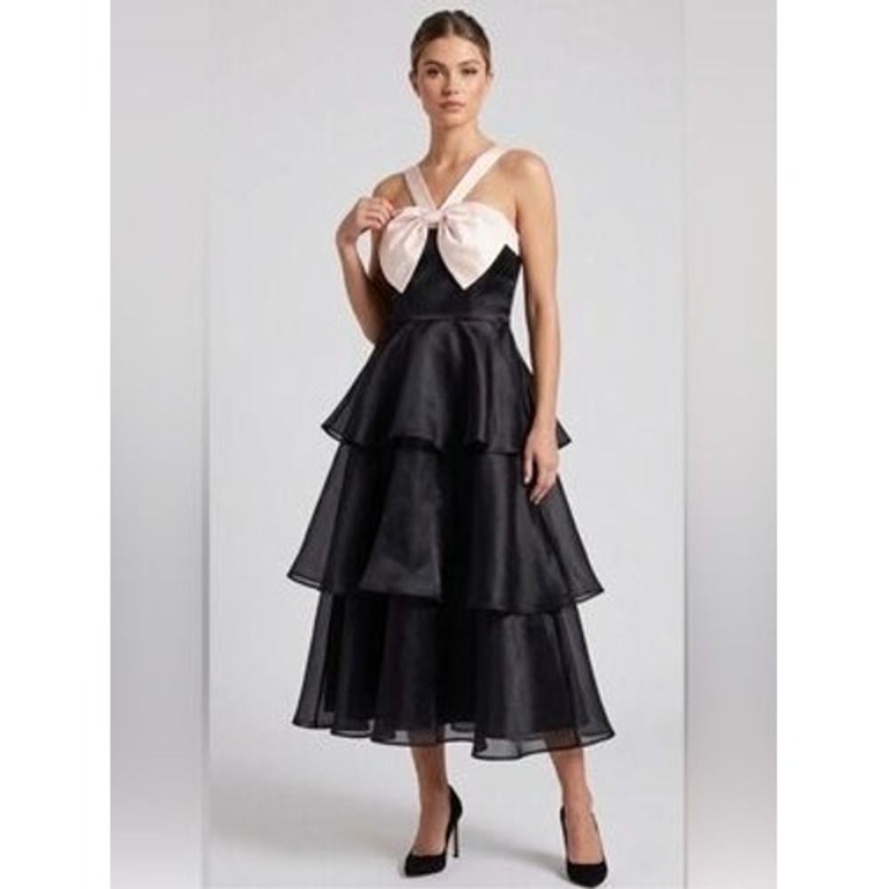 Lulus Black Organza Tiered Midi Dress Pink Satin Bow Smocked Back NWT Womens L